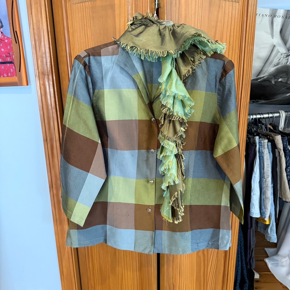 Connie Roberson Blouse with Matching Scarf 100% Silk Checkered Size Medium